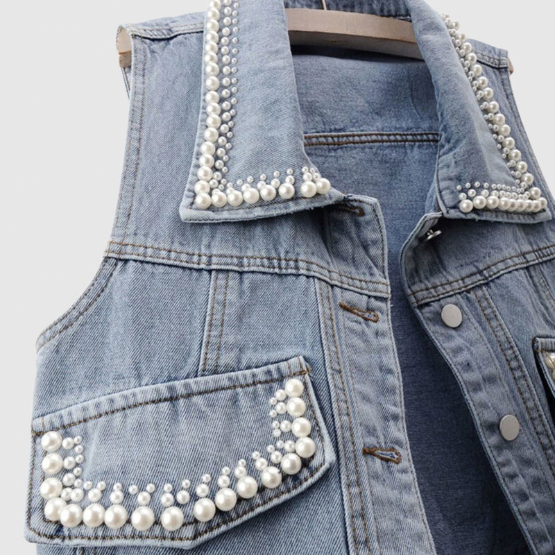 Anabelle Intricate Pearl Denim Vest